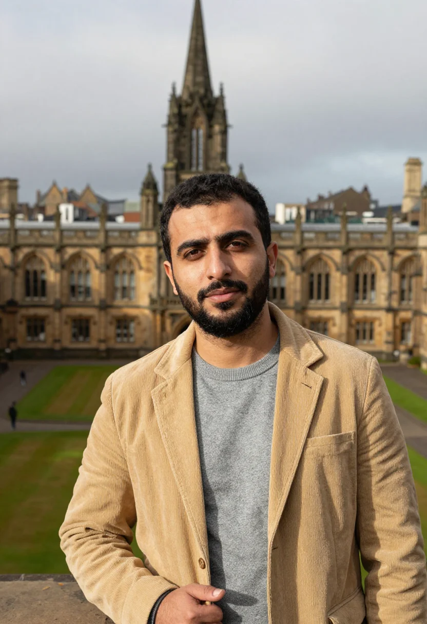 AI glasgow cloisters professor sandstone sample — portrait of a man, a professor in his forties of Iranian anc