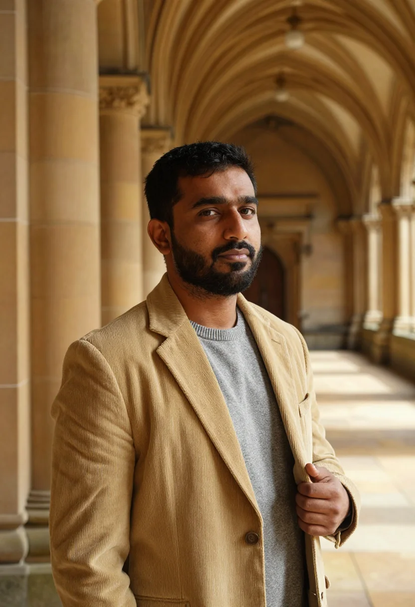 AI glasgow cloisters professor sandstone sample — portrait of a man, a professor in his forties of Pakistani-S