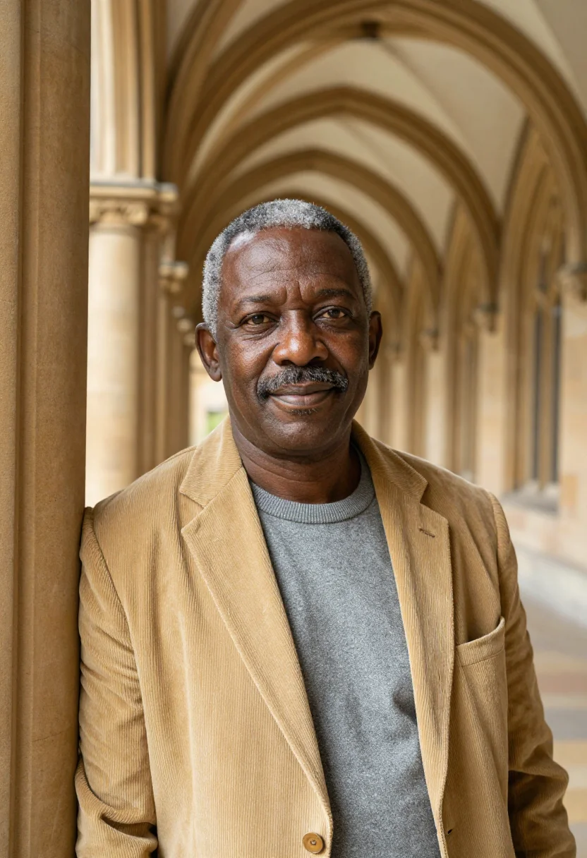 AI glasgow cloisters professor sandstone sample — portrait of a man, a professor in his sixties of Ghanaian an