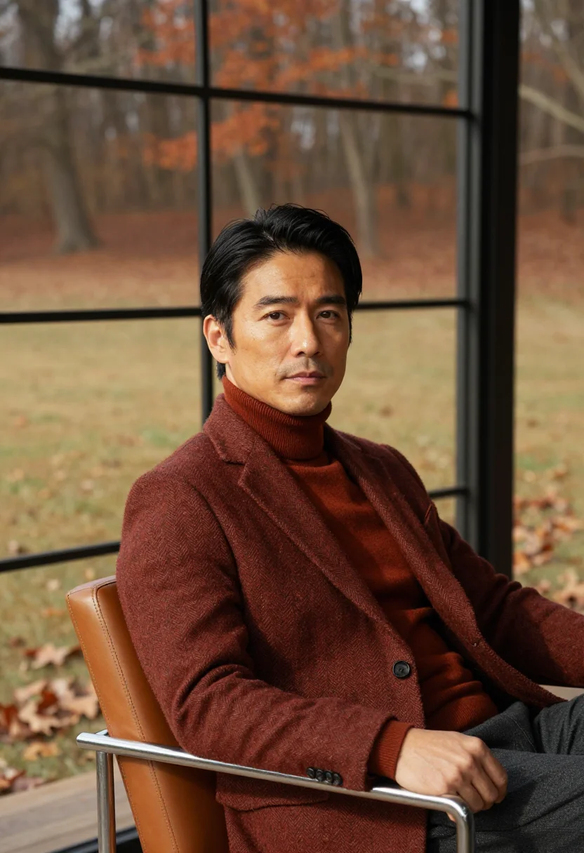 AI glass house investor russet sample — portrait of a man, framed chest-up, cropped at the ribs, the