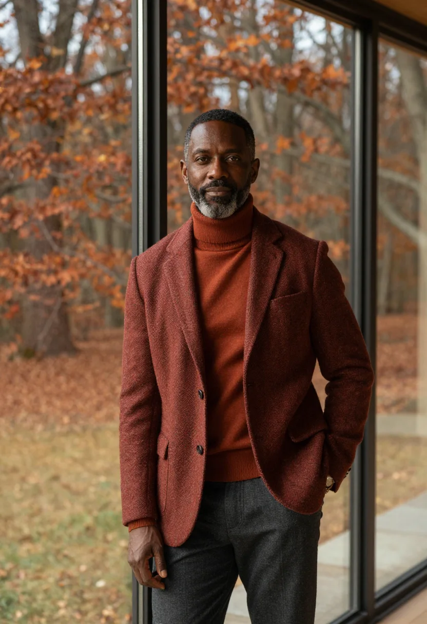 AI glass house investor russet sample — portrait of a man, framed at half-length, cropped at the hip
