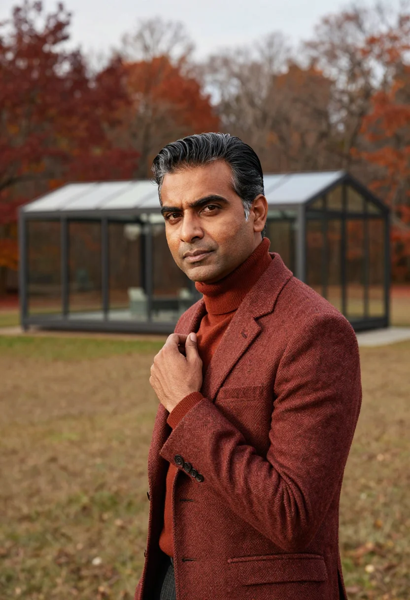 AI glass house investor russet sample — portrait of a man, framed chest-up, cropped at the ribs, the