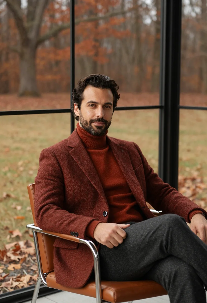 AI glass house investor russet sample — portrait of a man, framed at half-length, cropped at the hip
