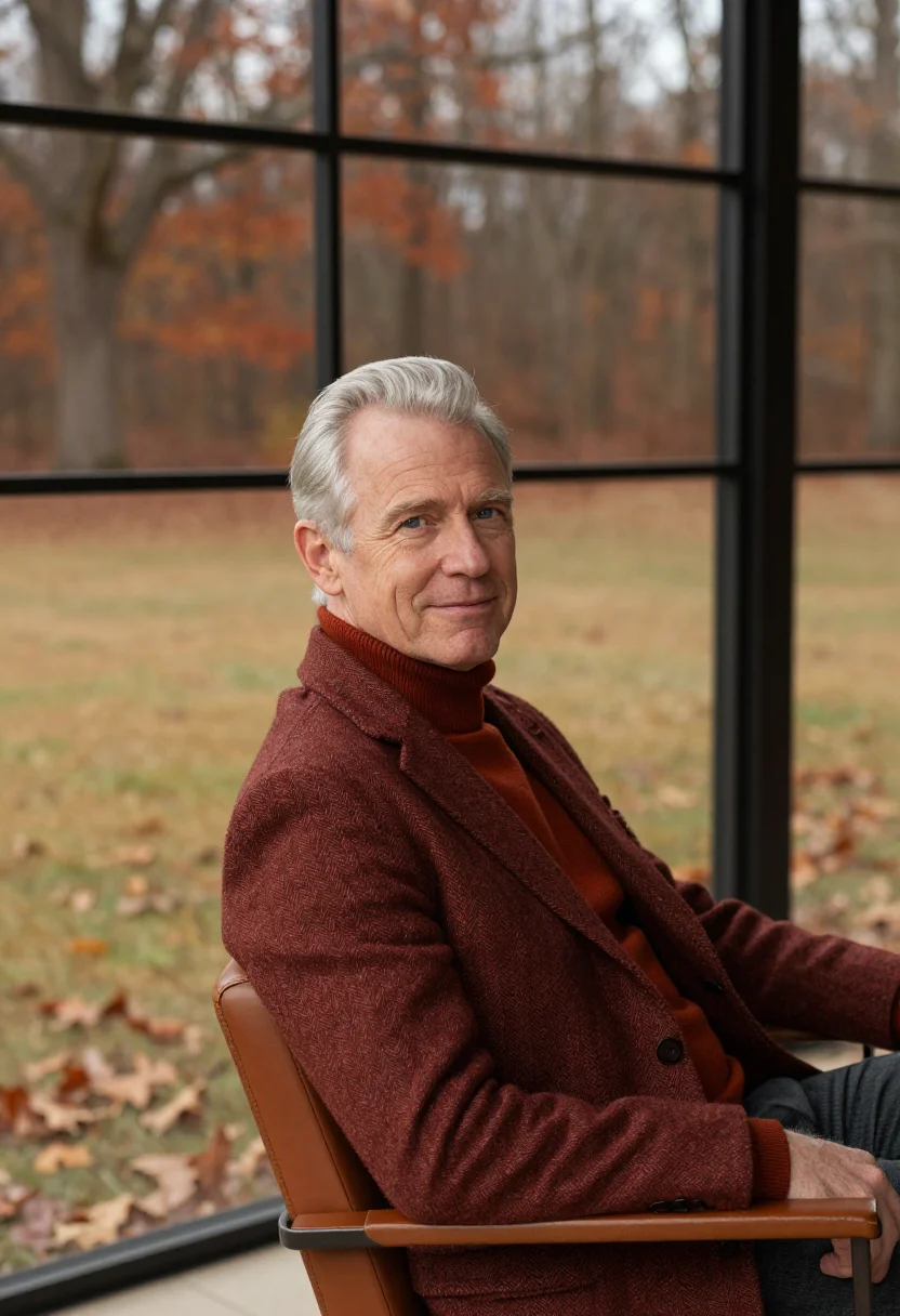 AI glass house investor russet sample — portrait of a man, framed tight, head and shoulders, the bod