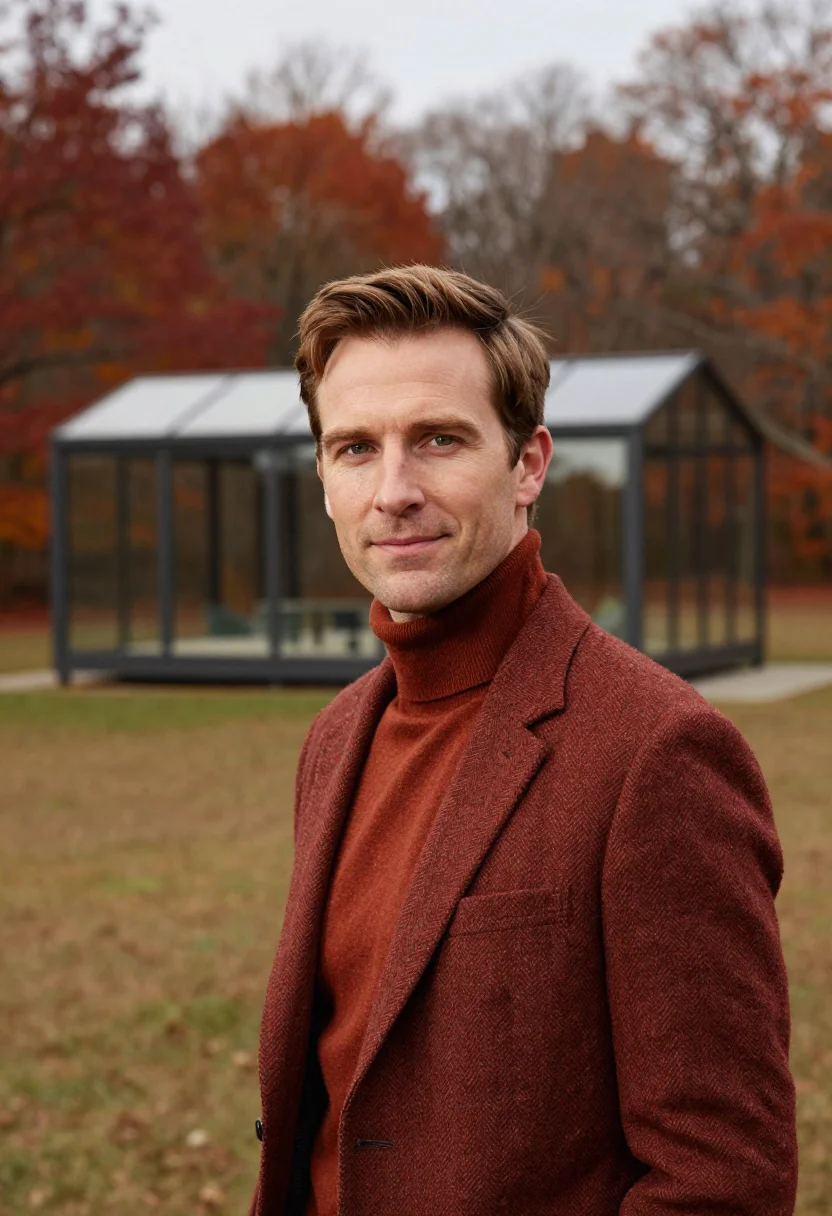 AI glass house investor russet sample — portrait of a man, framed tight, head and shoulders, the bod