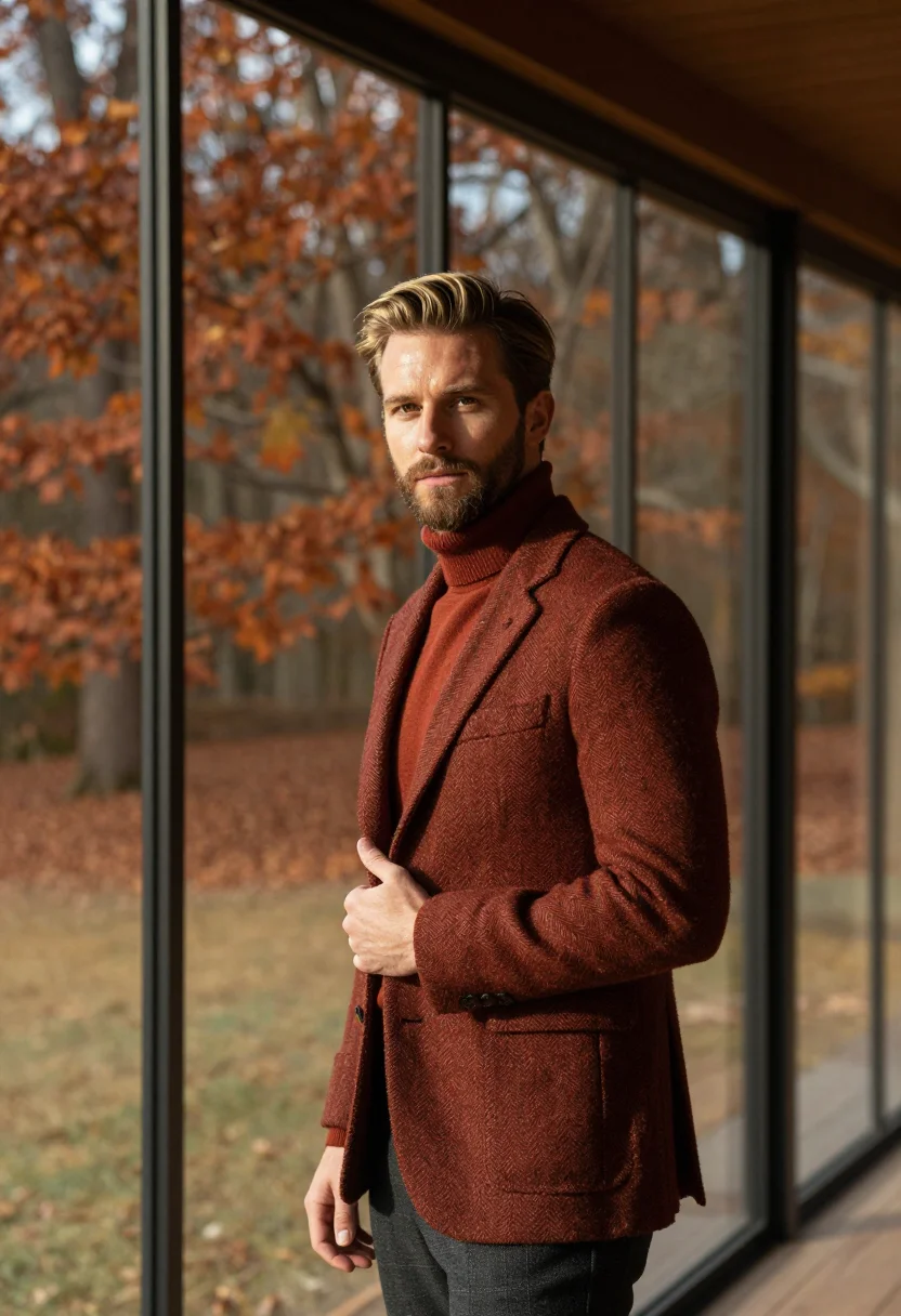 AI glass house investor russet sample — portrait of a man, framed chest-up, cropped at the ribs, the
