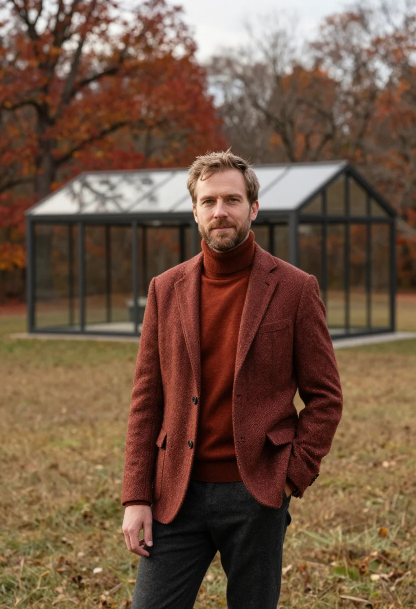 AI glass house investor russet sample — portrait of a man, framed at half-length, cropped at the hip