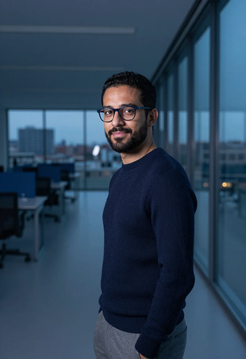 AI glass office blue hour sample — portrait of a man, framed tight, head and shoulders, the bod