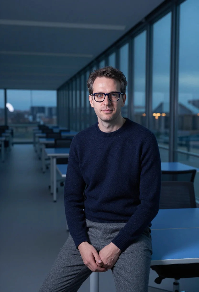 AI glass office blue hour sample — portrait of a man, framed half-length from the crown to the