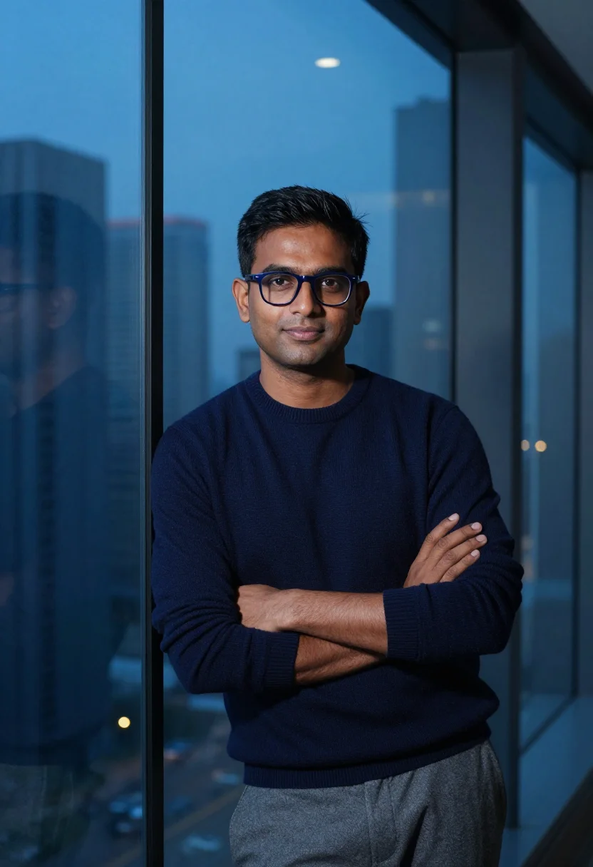 AI glass office blue hour sample — portrait of a man, framed chest-up, the crop at the lower ri