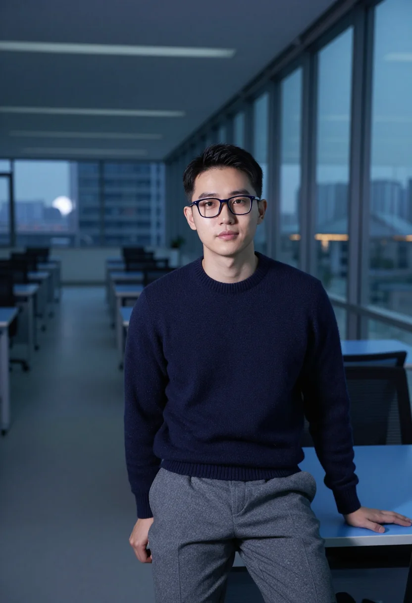 AI glass office blue hour sample — portrait of a man, framed chest-up, the crop at the lower ri
