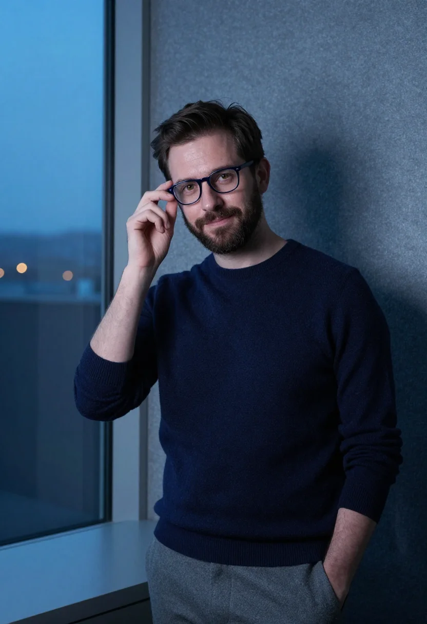 AI glass office blue hour sample — portrait of a man, framed chest-up, the crop at the lower ri