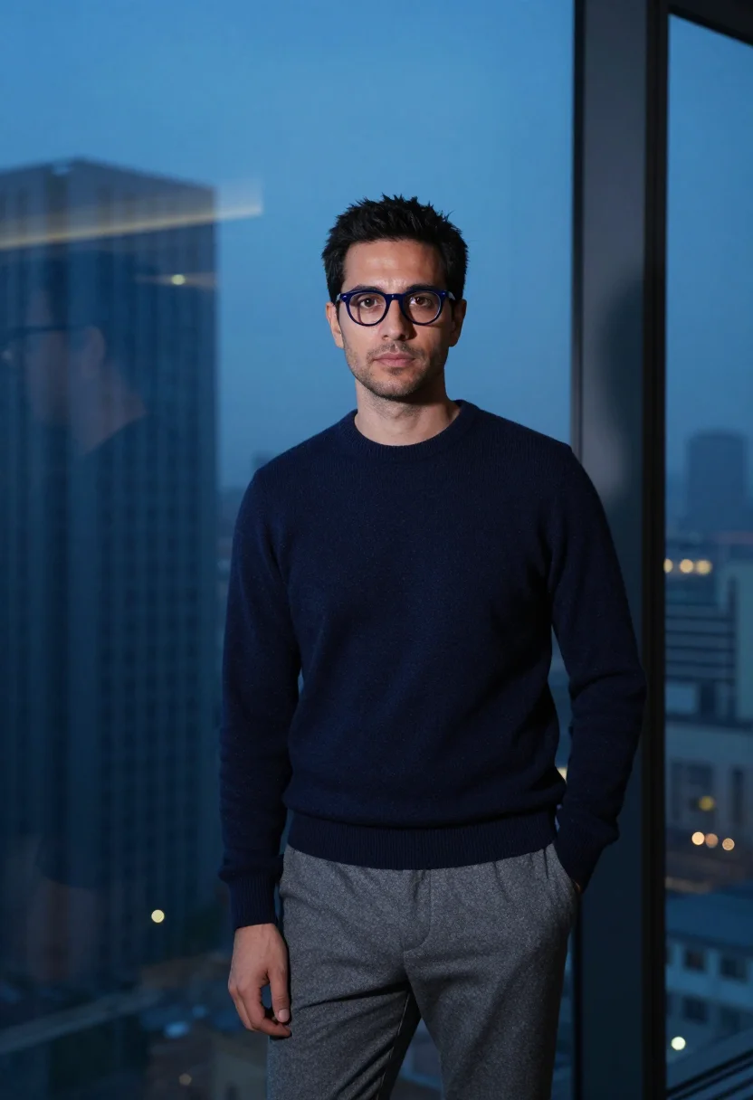AI glass office blue hour sample — portrait of a man, framed half-length from the crown to the
