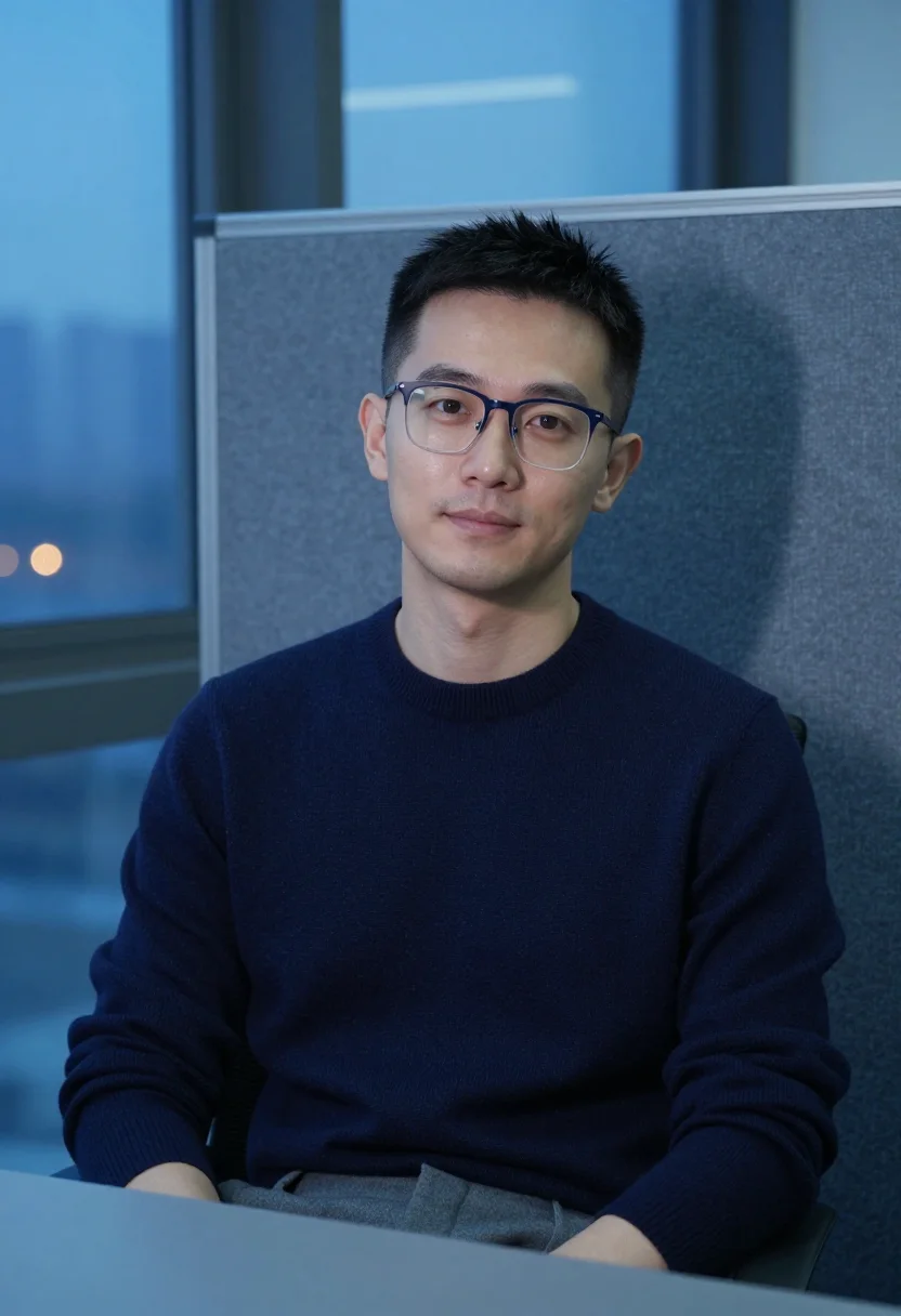 AI glass office blue hour sample — portrait of a man, framed tight, head and shoulders, the bod