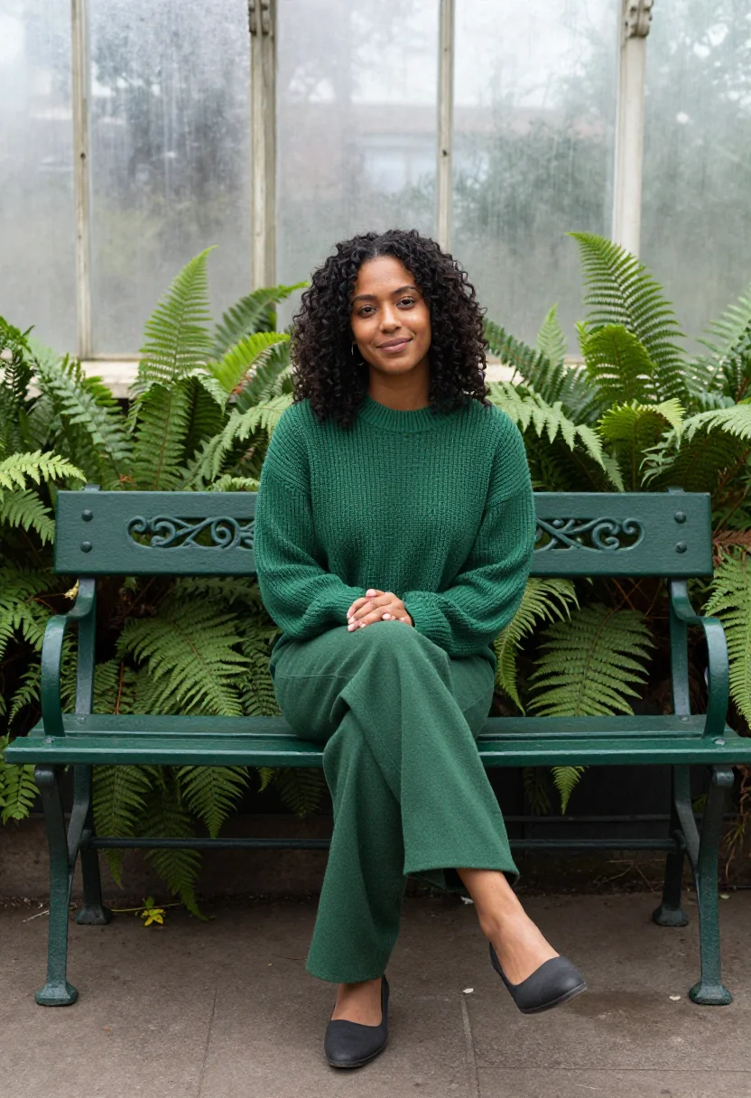 AI glasshouse fern green sample — portrait of a woman, full-length seated portrait of a woman