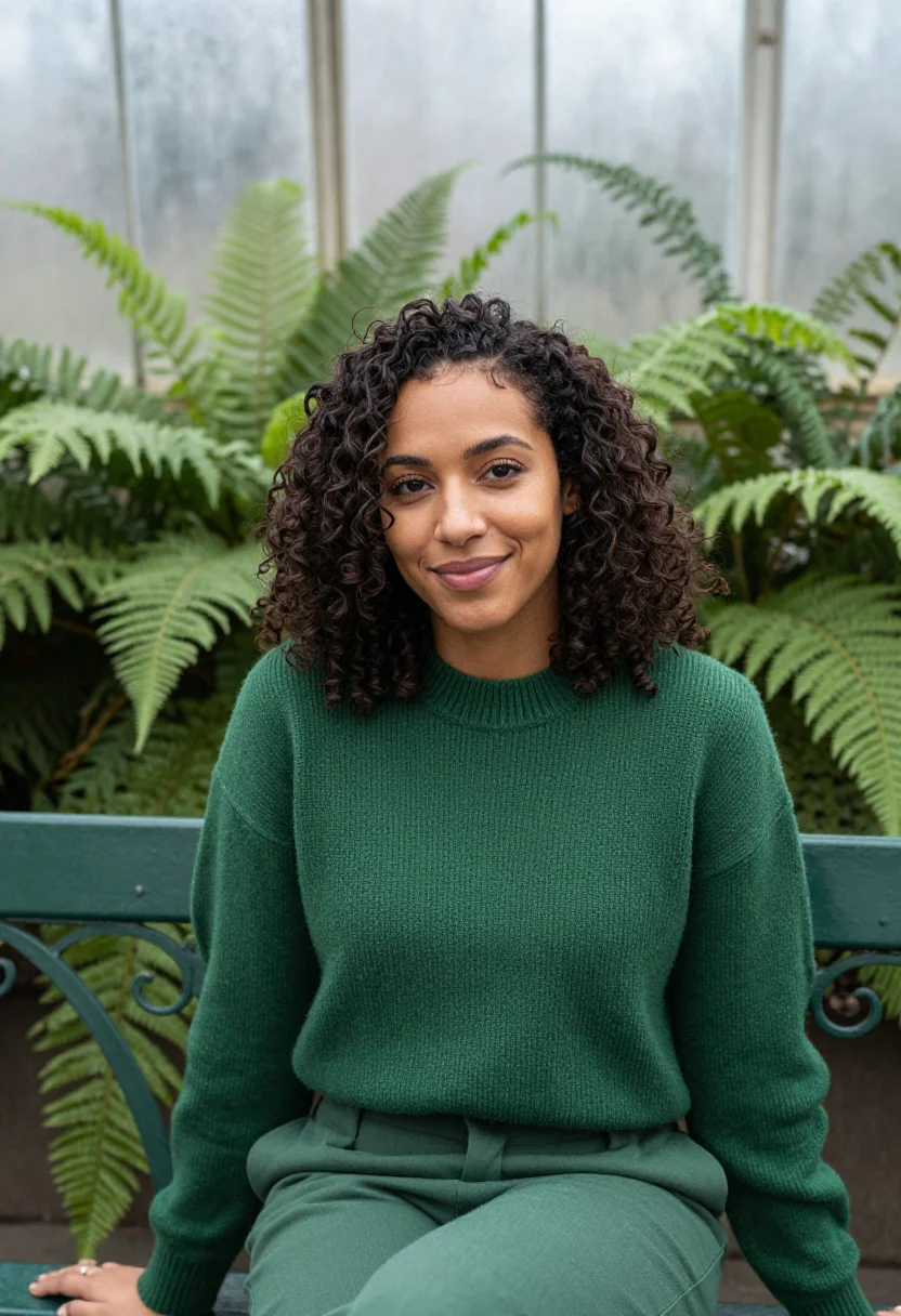 AI glasshouse fern green sample — portrait of a woman, chest-up portrait of a woman in her ear