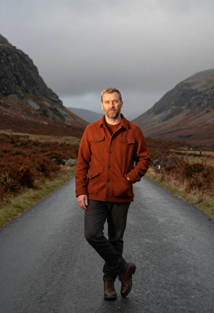AI glencoe bracken rust sample — portrait of a man, framed full-length from the boots to just