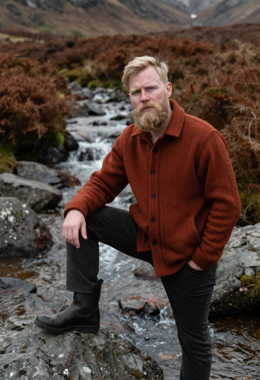 AI glencoe bracken rust sample — portrait of a man, framed three-quarter length from the knee