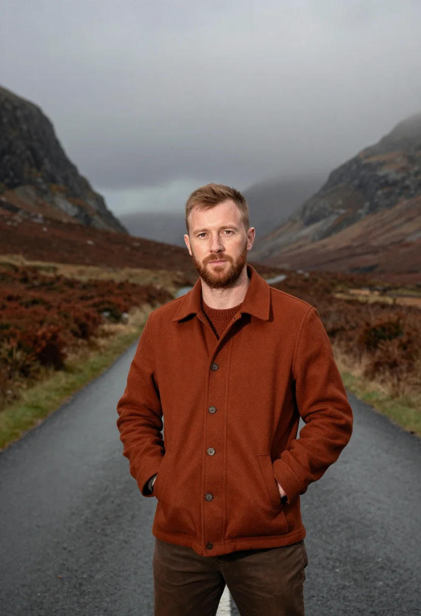 AI glencoe bracken rust sample — portrait of a man, framed half-length from the waist up, a m