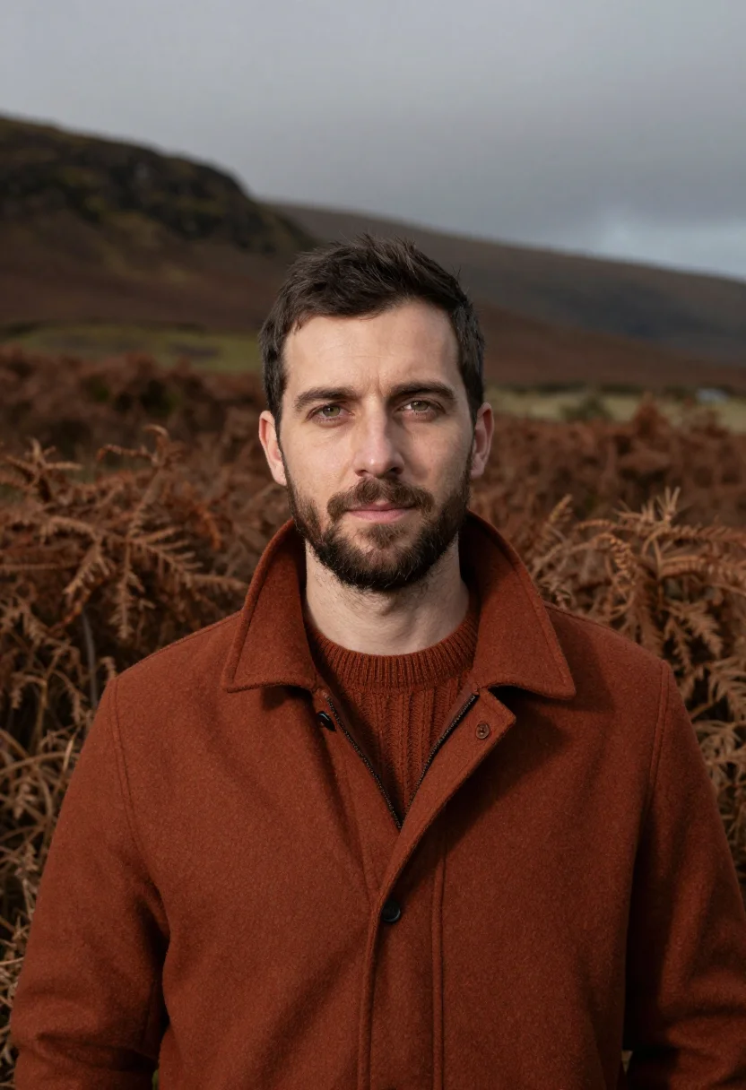 AI glencoe bracken rust sample — portrait of a man, framed tight, head and shoulders, the bod