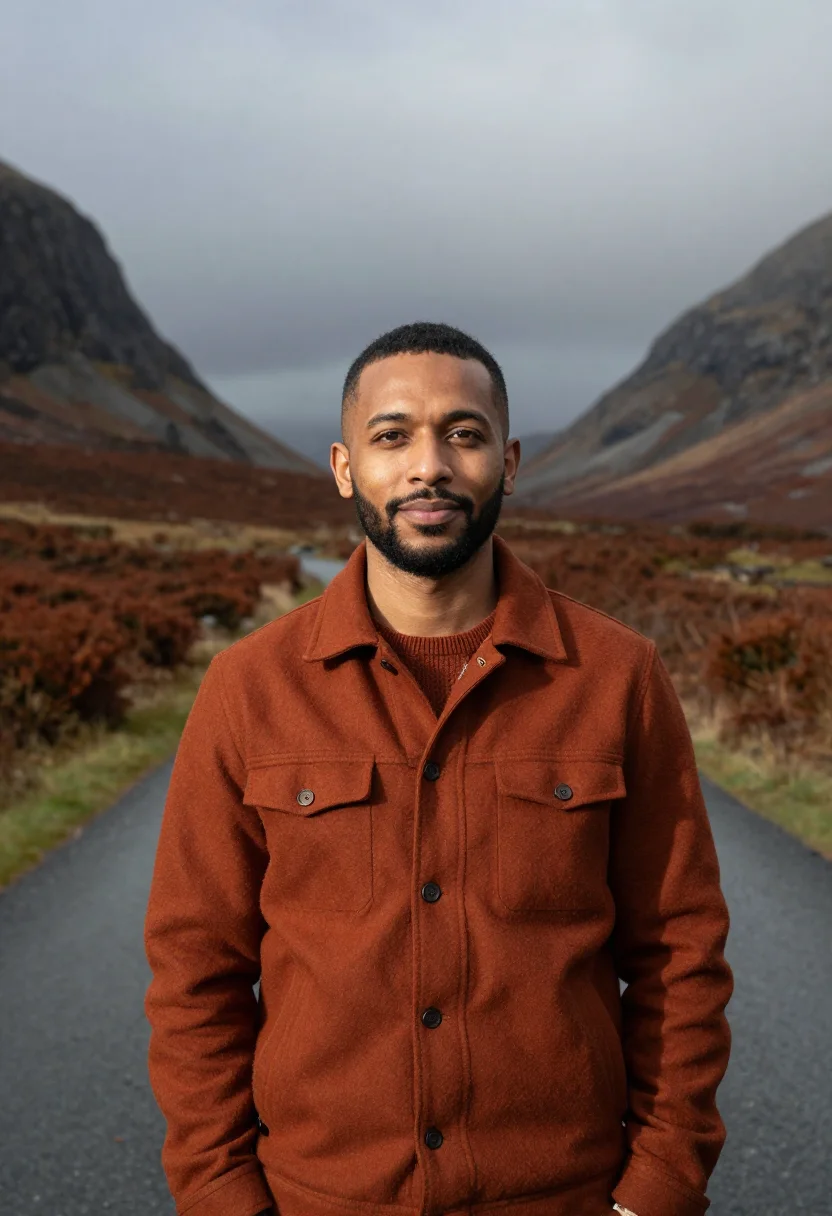 AI glencoe bracken rust sample — portrait of a man, framed chest-up from the ribs with the bo
