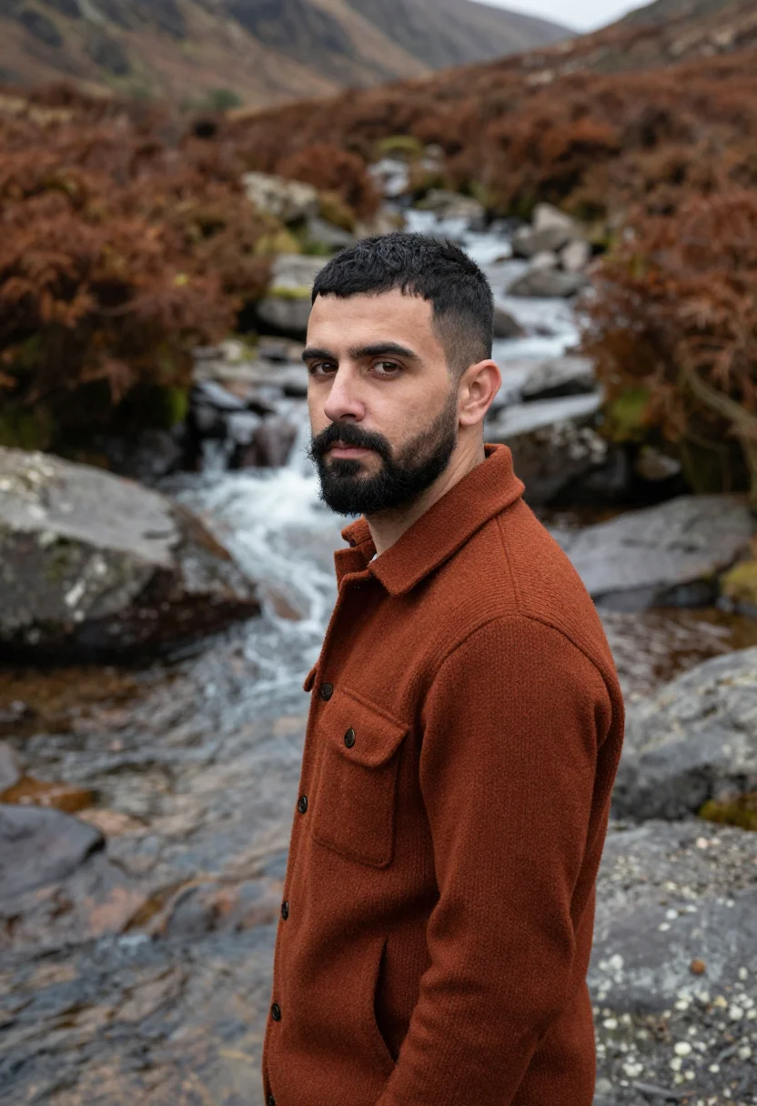 AI glencoe bracken rust sample — portrait of a man, framed chest-up from the ribs with the bo