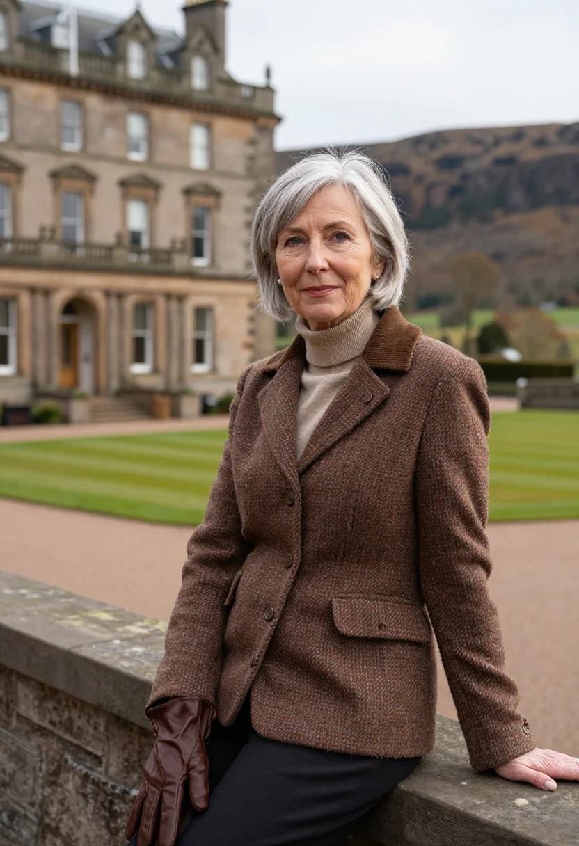 AI gleneagles perthshire glen tweed sample — portrait of a woman, a hotel guest in her fifties of Scottis
