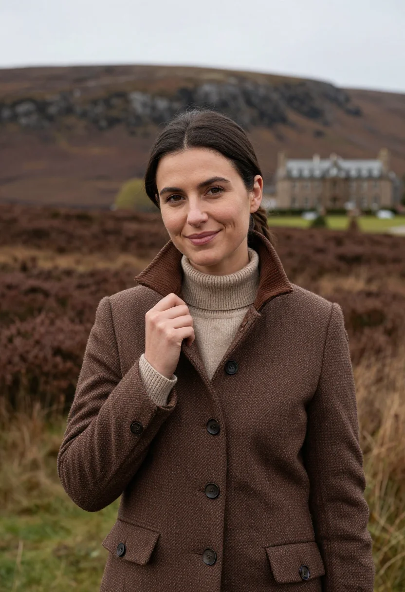 AI gleneagles perthshire glen tweed sample — portrait of a woman, a hotel guest in her late twenties of E