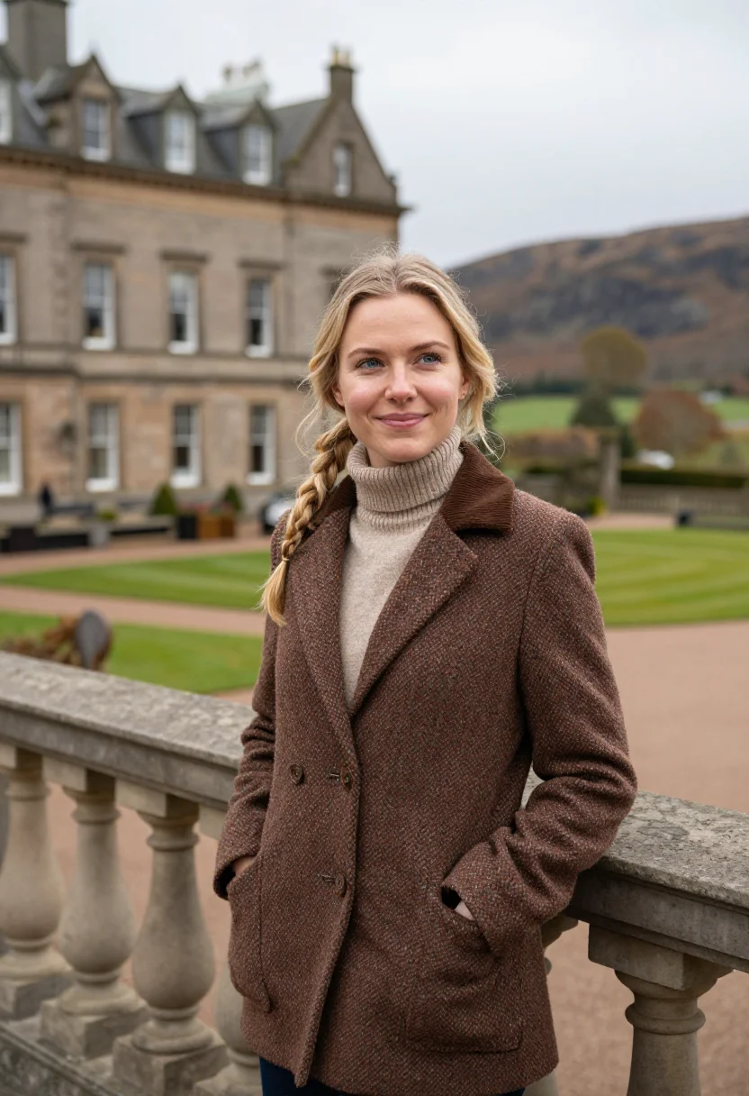 AI gleneagles perthshire glen tweed sample — portrait of a woman, a hotel guest in her late twenties of N