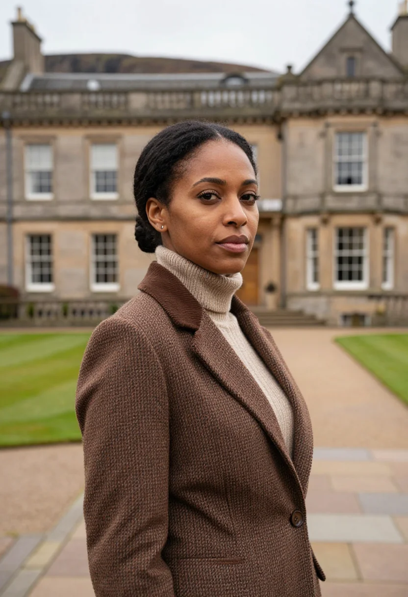 AI gleneagles perthshire glen tweed sample — portrait of a woman, a hotel guest in her thirties of Jamaic