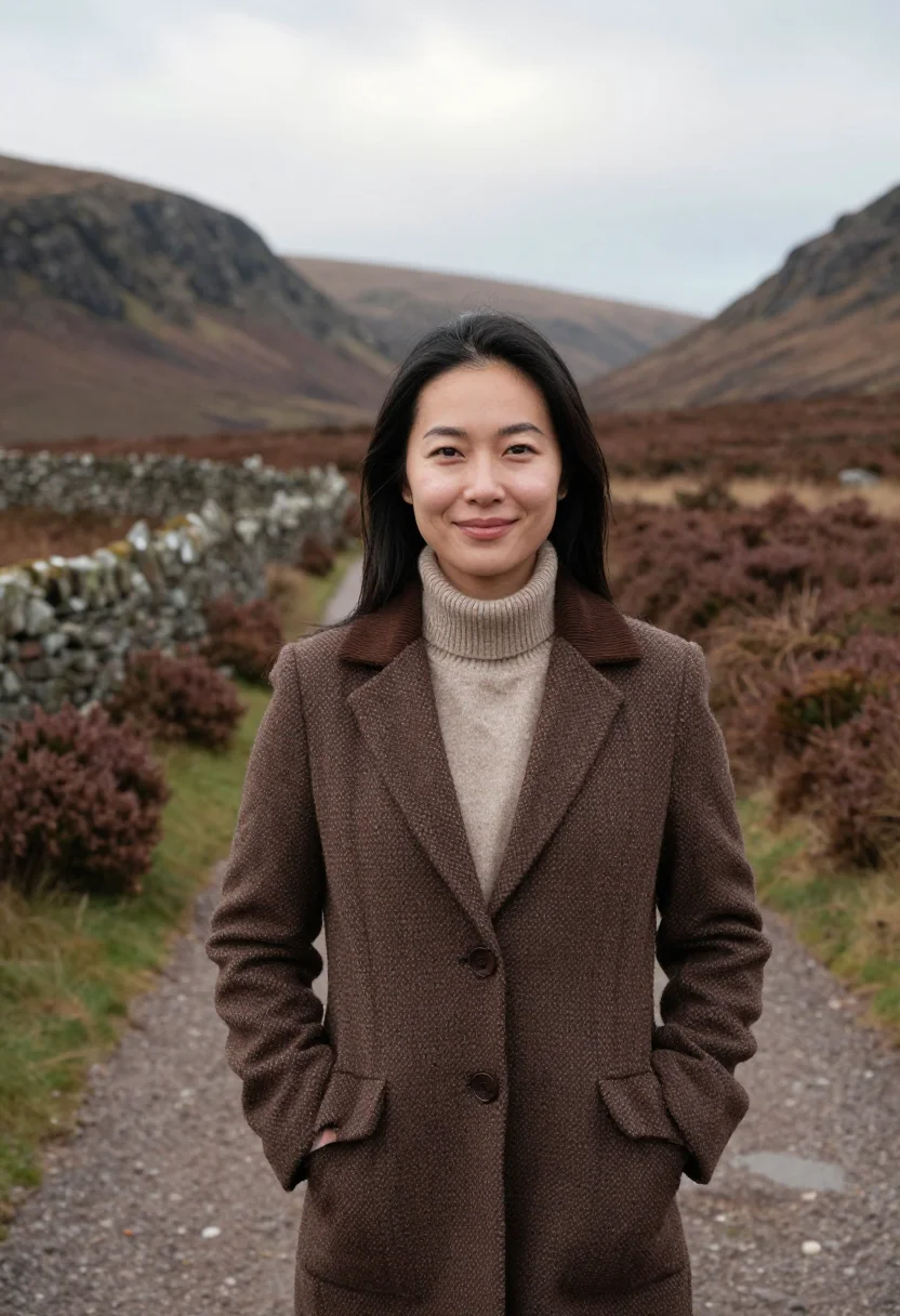 AI gleneagles perthshire glen tweed sample — portrait of a woman, a hotel guest in her twenties of Korean