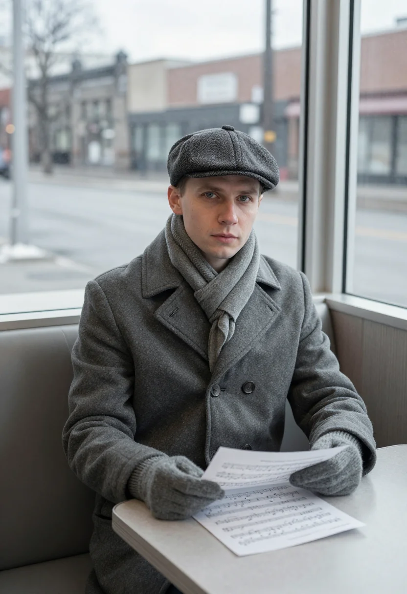 AI glenn gould toronto january grey sample — portrait of a man, framed half-length from the cap to the wa