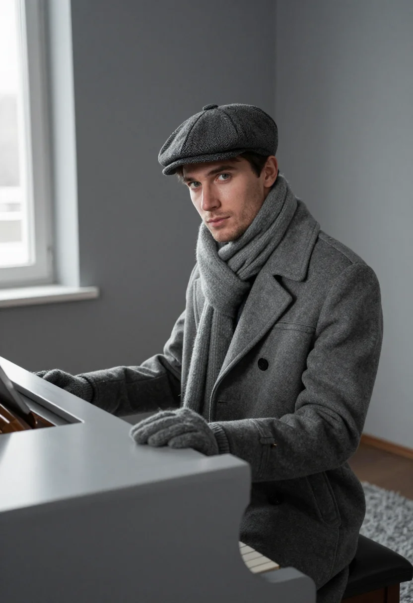 AI glenn gould toronto january grey sample — portrait of a man, framed chest-up, cropped at the ribs, the