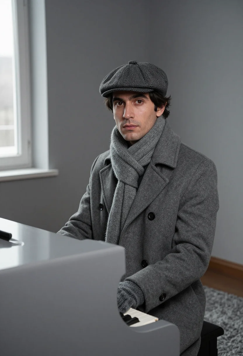 AI glenn gould toronto january grey sample — portrait of a man, framed tight, head and shoulders, the bod
