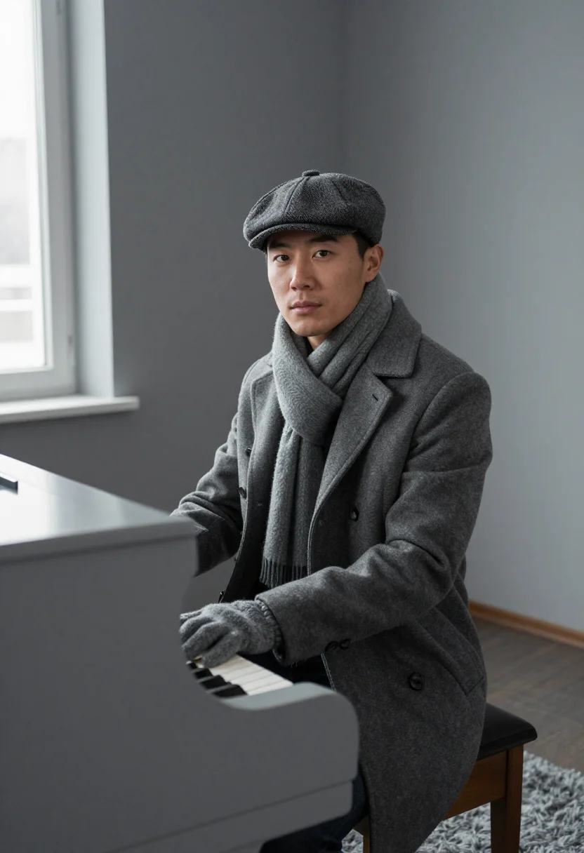 AI glenn gould toronto january grey sample — portrait of a man, framed half-length from the cap to the hi