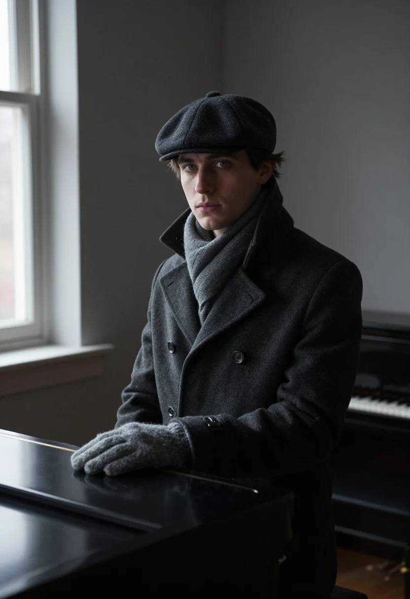 AI glenn gould toronto overcoat charcoal sample — portrait of a man, framed chest-up, cropped at the ribs, the