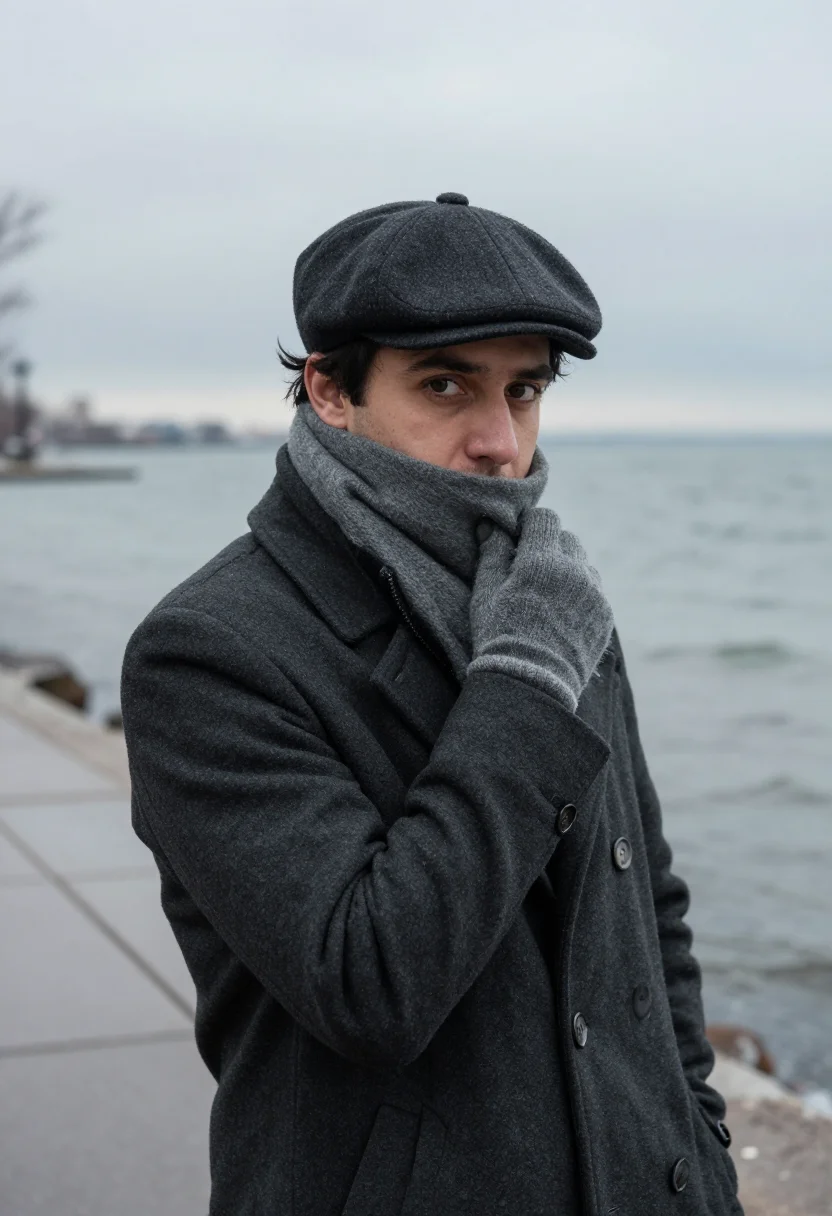 AI glenn gould toronto overcoat charcoal sample — portrait of a man, framed chest-up, cropped at the ribs, the