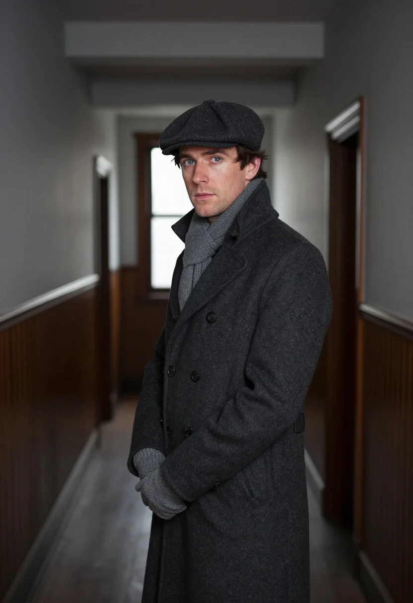 AI glenn gould toronto overcoat charcoal sample — portrait of a man, framed half-length from the head to the h