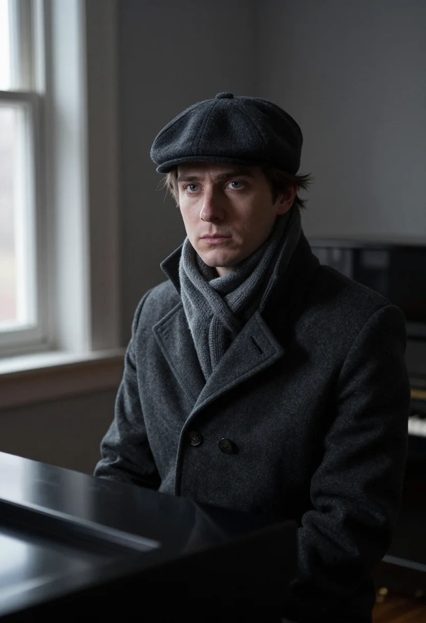 AI glenn gould toronto overcoat charcoal sample — portrait of a man, framed tight, head and shoulders, the bod