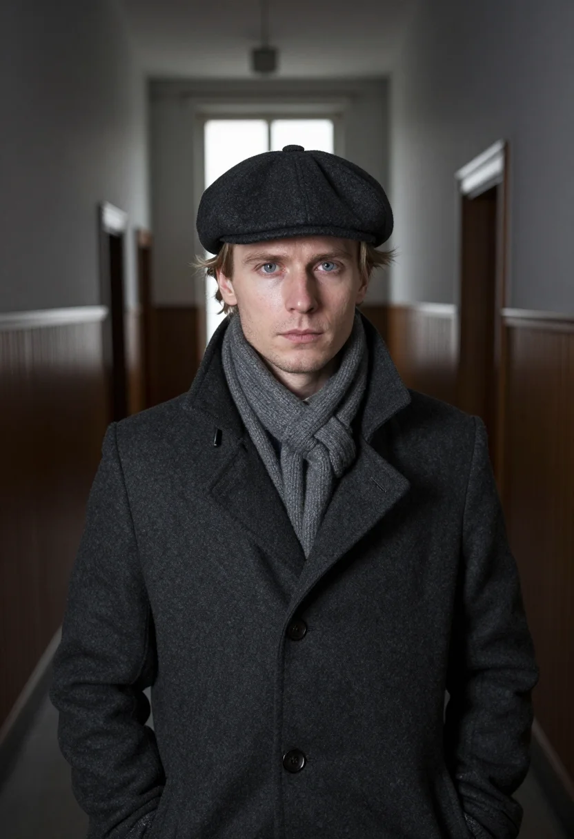 AI glenn gould toronto overcoat charcoal sample — portrait of a man, framed tight, head and shoulders, the bod
