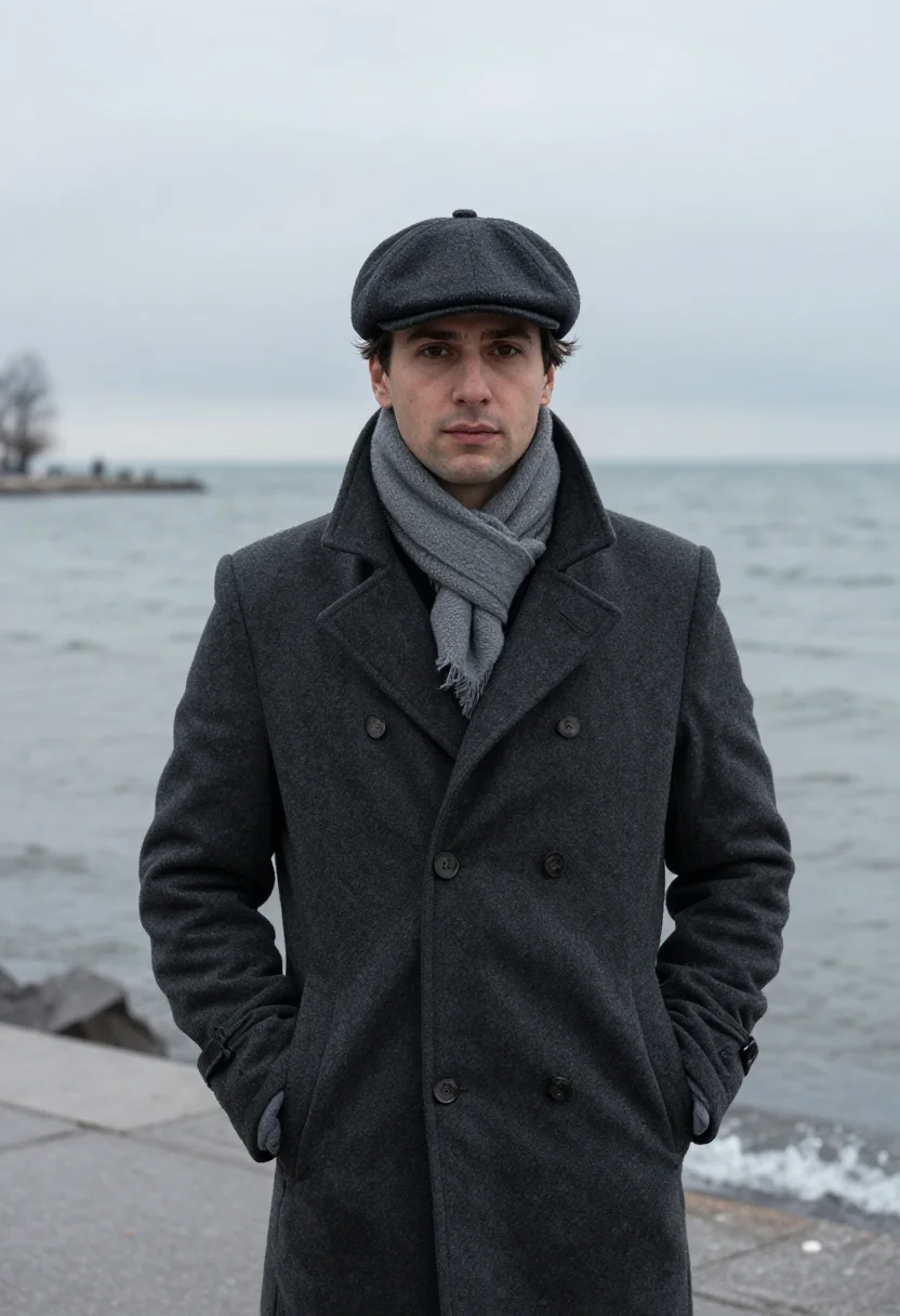 AI glenn gould toronto overcoat charcoal sample — portrait of a man, framed half-length from the head to the h