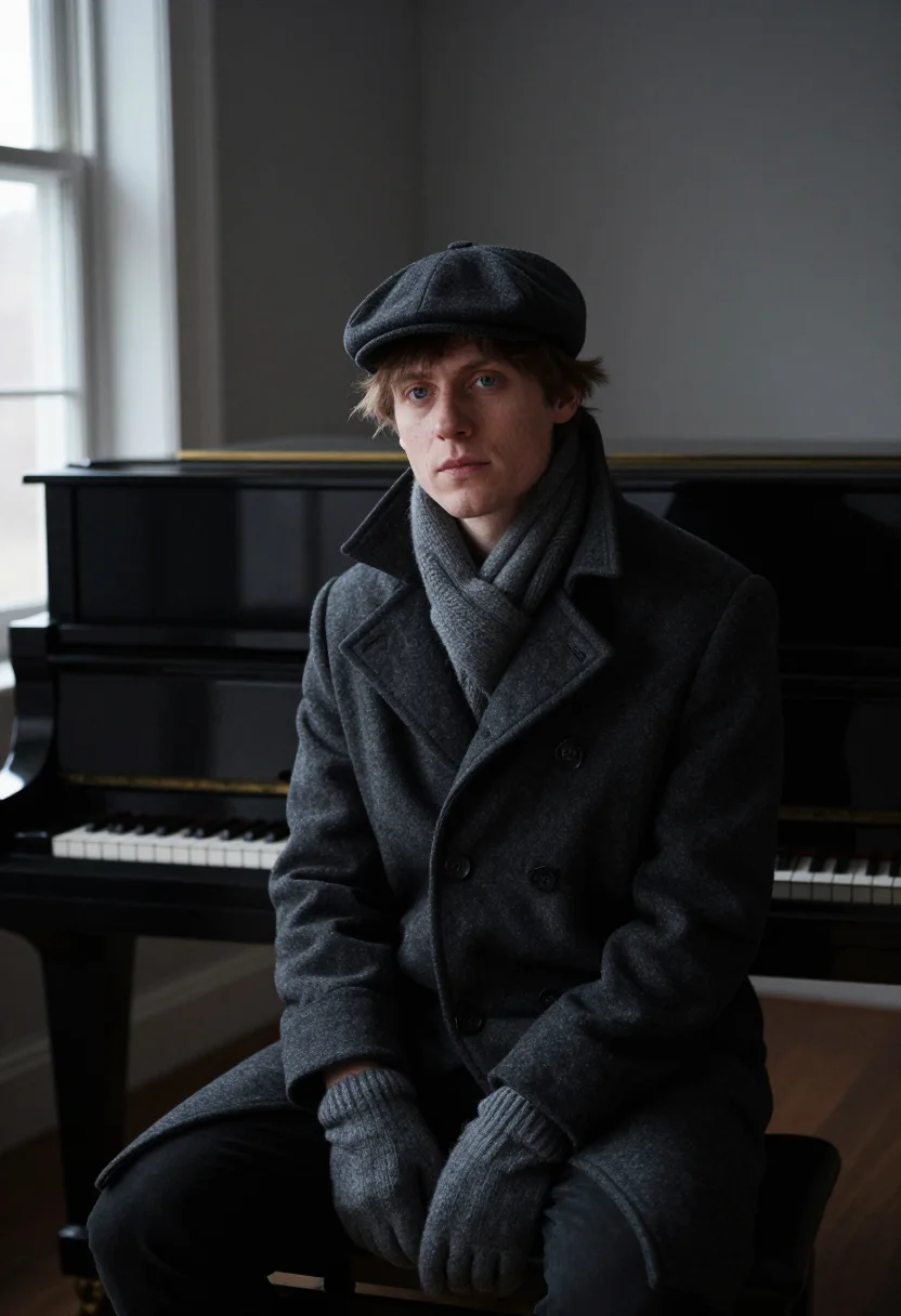 AI glenn gould toronto overcoat charcoal sample — portrait of a man, framed half-length from the head to the h