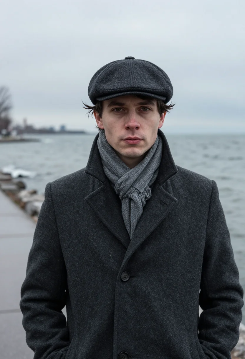 AI glenn gould toronto overcoat charcoal sample — portrait of a man, framed tight, head and shoulders, the bod