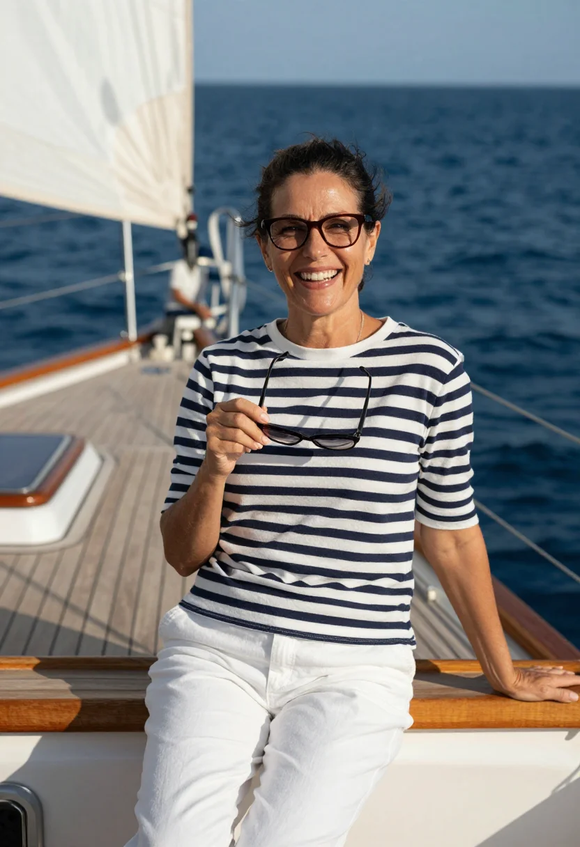 AI gloria guinness sample — portrait of a woman, a waist-up photograph on a yacht's deck