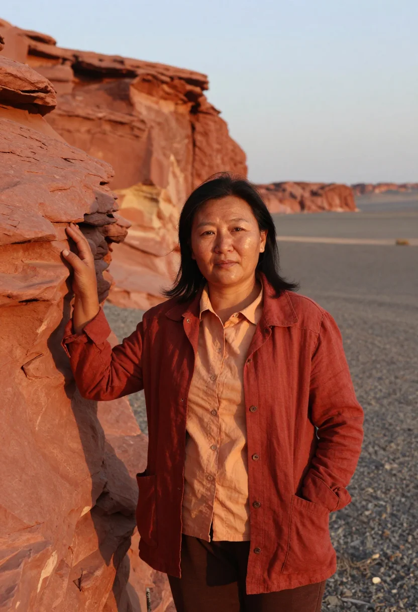 AI gobi palaeontologist flaming cliffs red sample — portrait of a woman, half-length portrait of a Kazakh woman