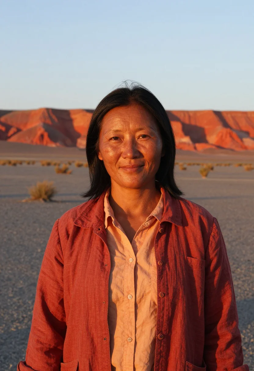 AI gobi palaeontologist flaming cliffs red sample — portrait of a woman, chest-up portrait of a Mongolian woman