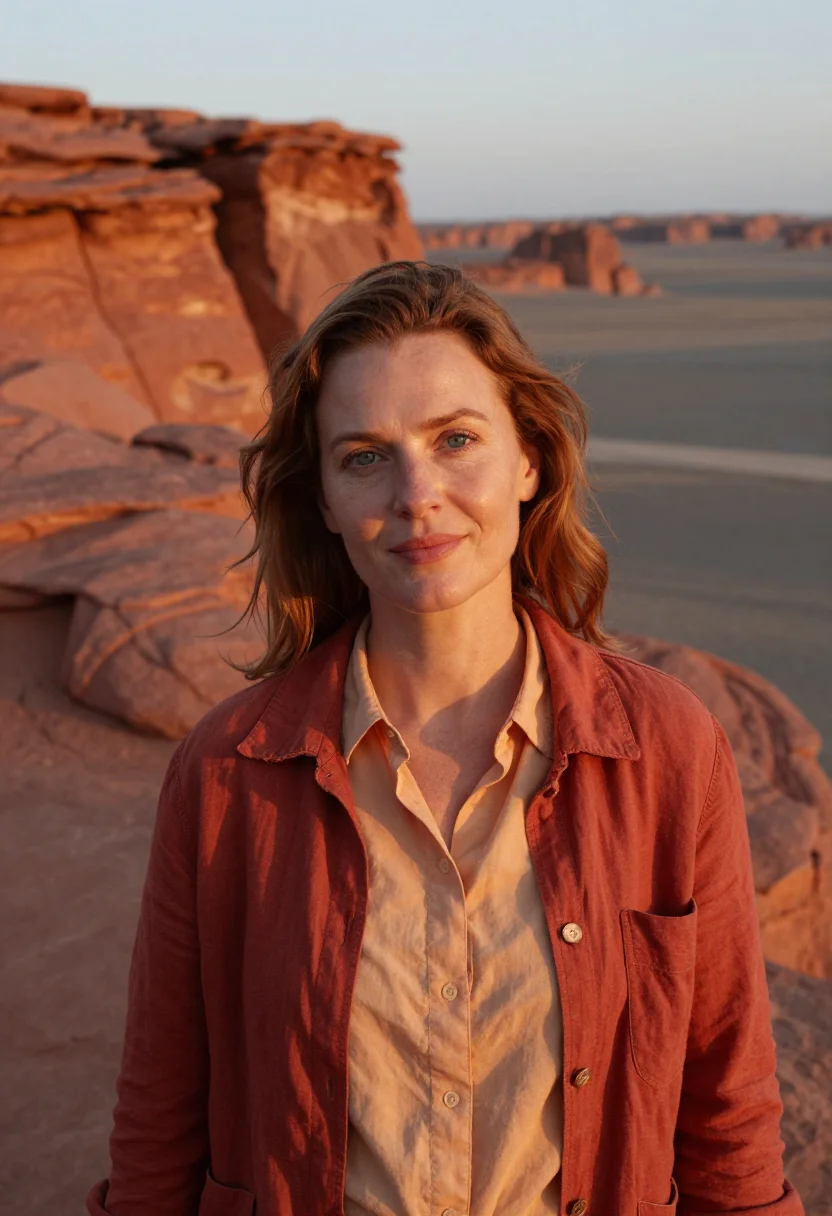 AI gobi palaeontologist flaming cliffs red sample — portrait of a woman, head-and-shoulders portrait of a Britis
