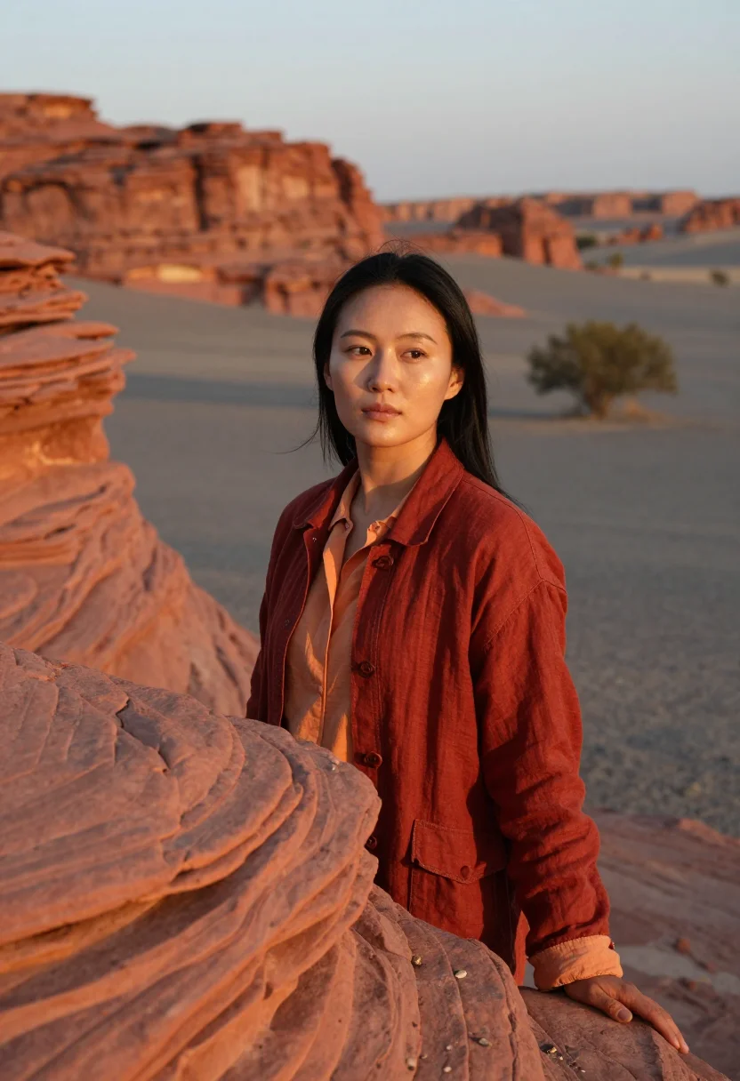 AI gobi palaeontologist flaming cliffs red sample — portrait of a woman, chest-up portrait of a Mongolian woman