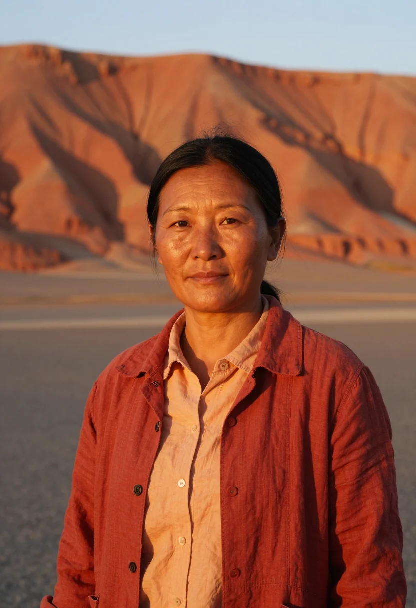 AI gobi palaeontologist flaming cliffs red sample — portrait of a woman, head-and-shoulders portrait of a Mongol