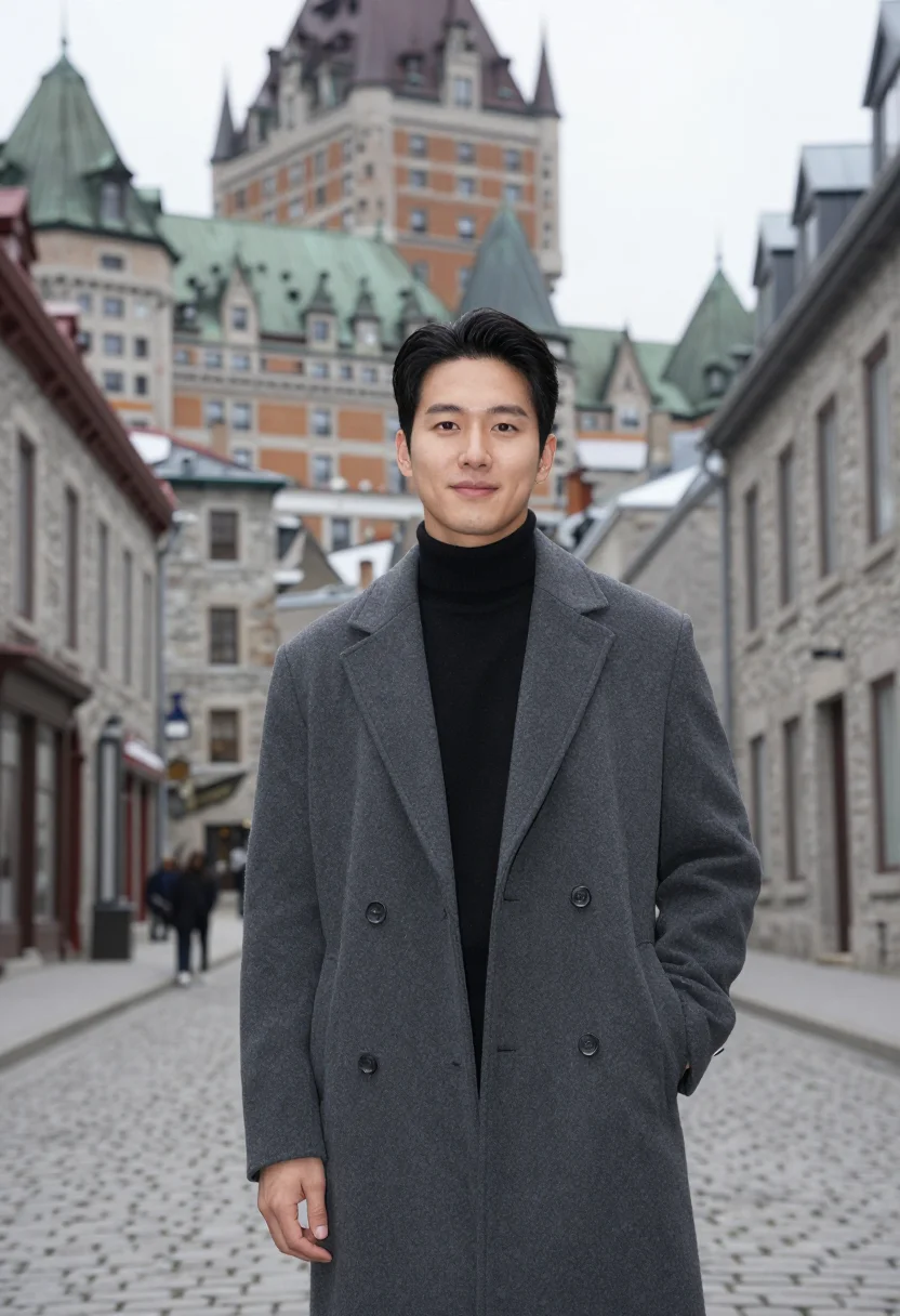 AI goblin quebec red door petit champlain sample — portrait of a man, a Korean man in his mid-thirties with war